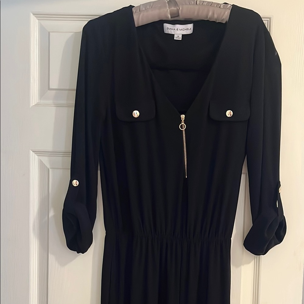 Wide Leg Jumpsuit Black w Gold Accents Figure Flattering! By Emma & Michelle.